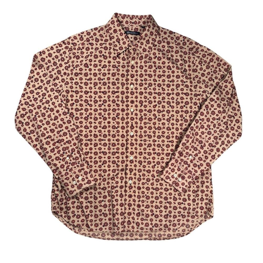 Robert Graham Mens XL Spoke Gear Print Long Sleeve Button Up Shirt Tan Red Blue